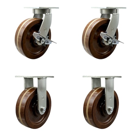 Service Caster 12'' Heavy Duty High Temp Phenolic Swivel Caster Set 2 Brakes 2 Rigid, 4PK CRAN-SCC-KP92S1230-PHRHT-SLB-2-R-2